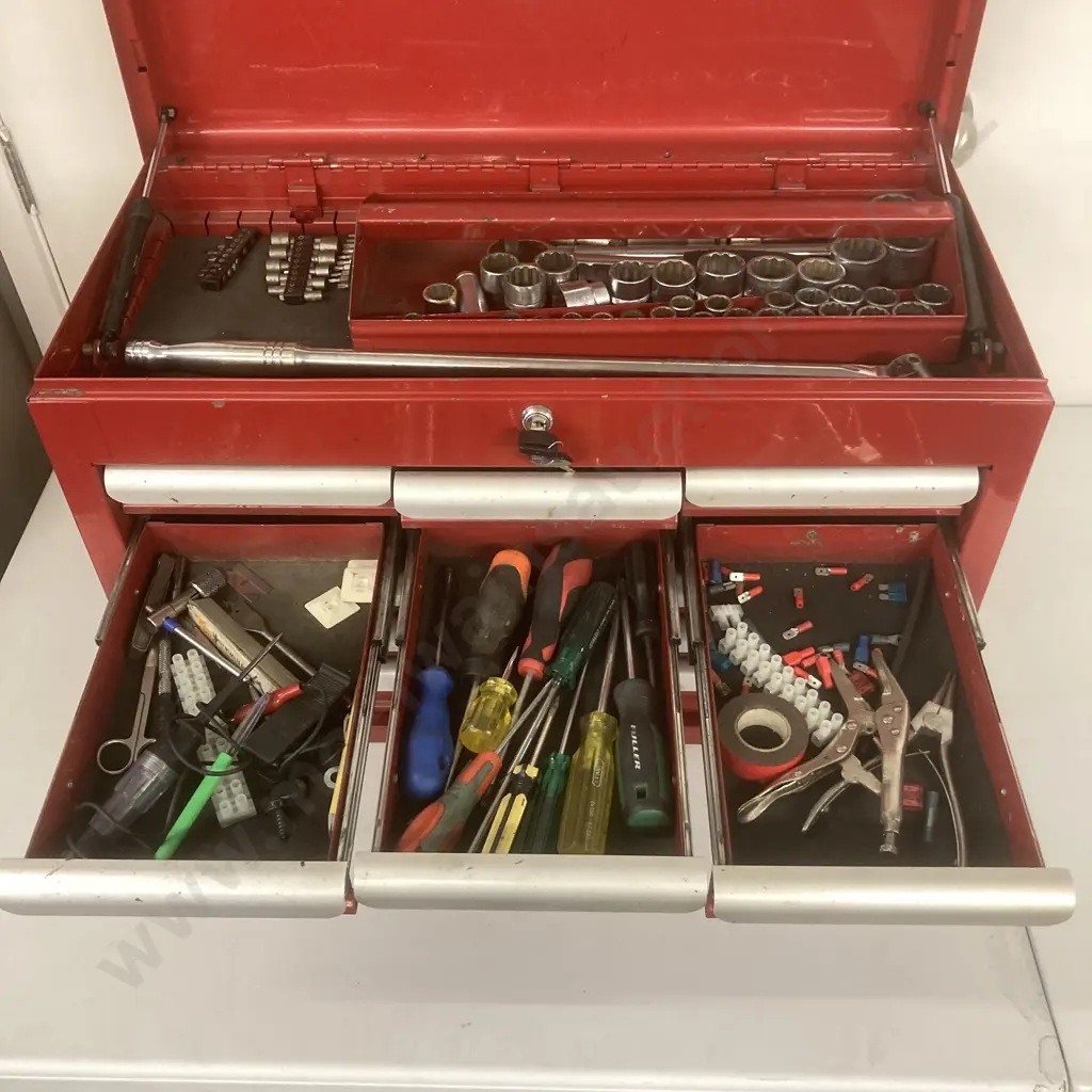 Red Steel Repco 9 Drawer & Top Tray Tool Chest With Tools, Two Keys, H43 W66 D31cm, Image 1++