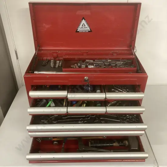 Red Steel Repco 9 Drawer & Top Tray Tool Chest With Tools, Two Keys, H43 W66 D31cm,