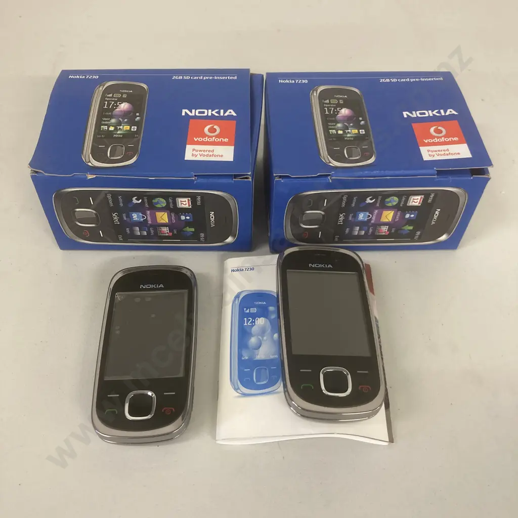 Pair of Nokia 7230 Graphite (VF) Slide Mobile Phones, Chargers, Original Boxes Image 1++