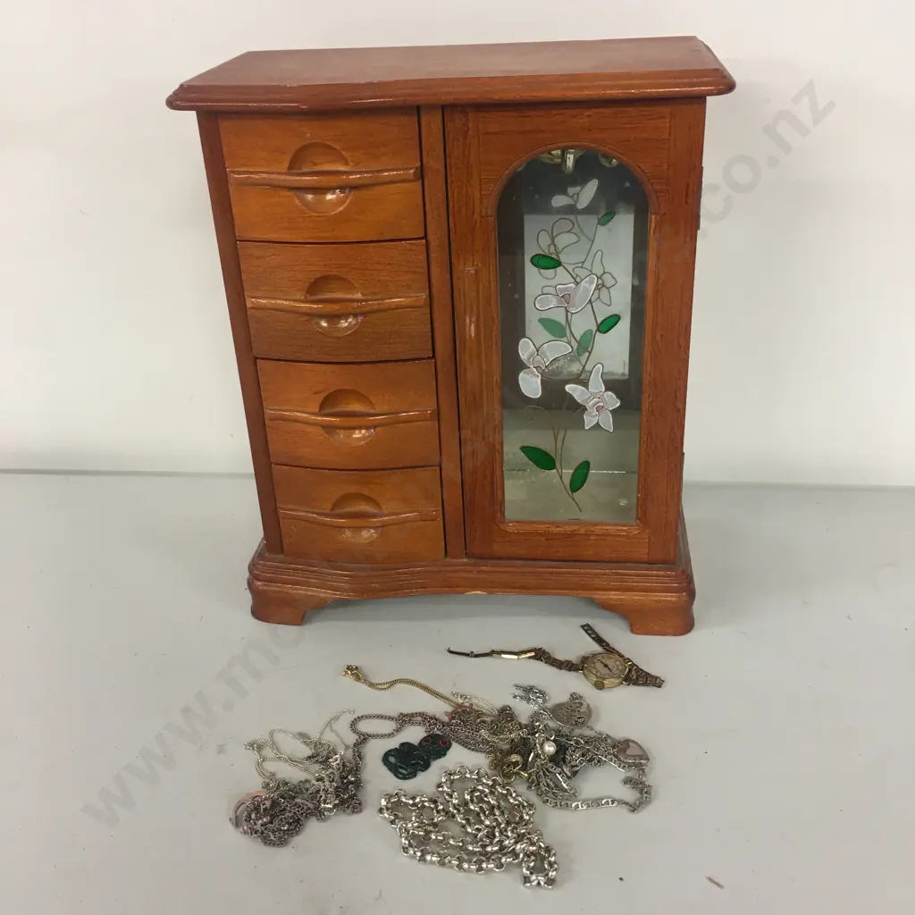 Assorted Jewellery Including Vintage Watch In Wooden Jewellery Box Image 1++