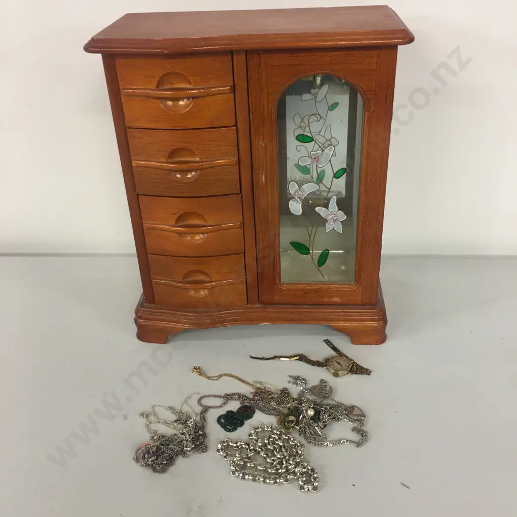 Assorted Jewellery Including Vintage Watch In Wooden Jewellery Box Image 1++