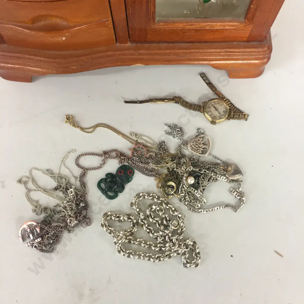 Assorted Jewellery Including Vintage Watch In Wooden Jewellery Box Image 1++