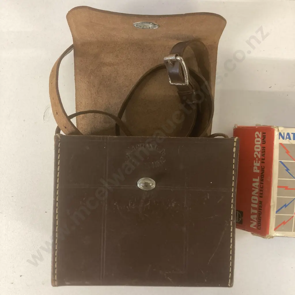 Vintage Photography Items. National PE-2002 Flash Unit, Safari Japan Fan Flash, Leather Box Camera Case, Etc Image 1++