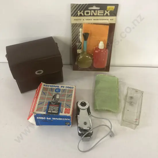 Vintage Photography Items. National PE-2002 Flash Unit, Safari Japan Fan Flash, Leather Box Camera Case, Etc