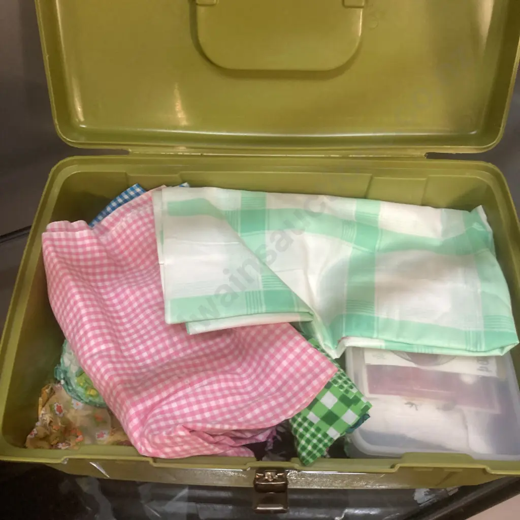Green Plastic Sewing Box With Threads, Fabric Etc Image 1++