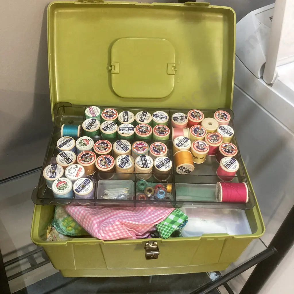 Green Plastic Sewing Box With Threads, Fabric Etc Image 1++