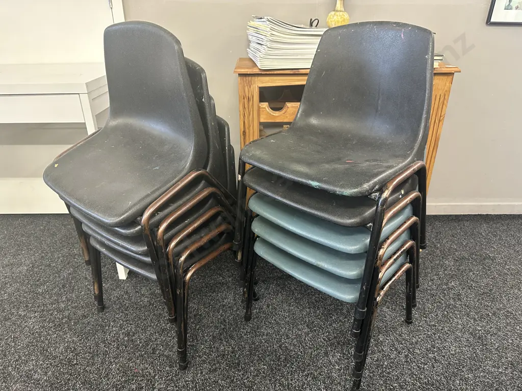 Lot of 8 Vintage Childrens Stacking Chairs, Assorted Blue & Black, Plastic With Steel Image 1++