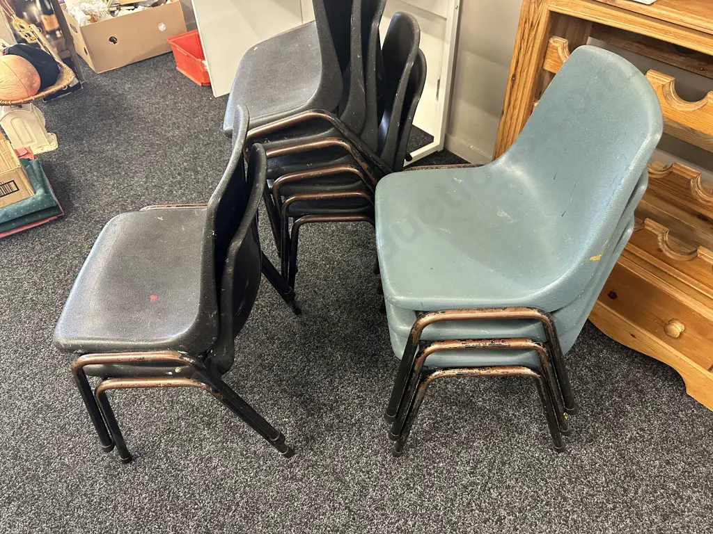 Lot of 8 Vintage Childrens Stacking Chairs, Assorted Blue & Black, Plastic With Steel Image 1++