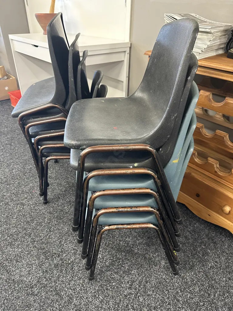 Lot of 8 Vintage Childrens Stacking Chairs, Assorted Blue & Black, Plastic With Steel Image 1++