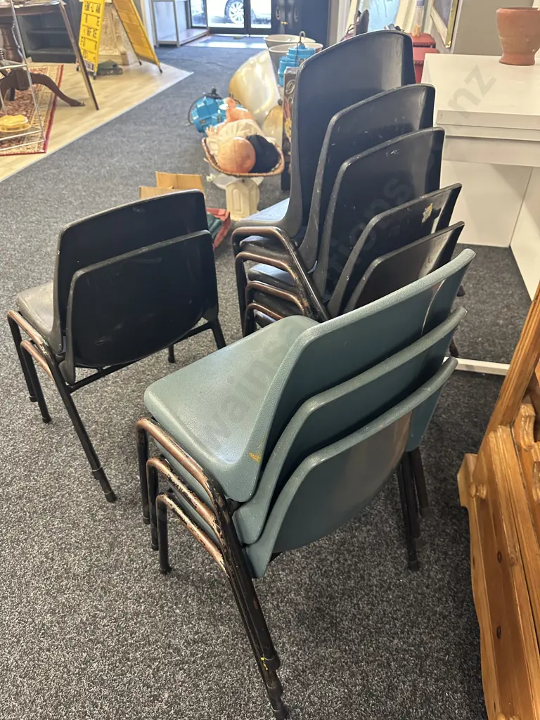 Lot of 8 Vintage Childrens Stacking Chairs, Assorted Blue & Black, Plastic With Steel Image 1++