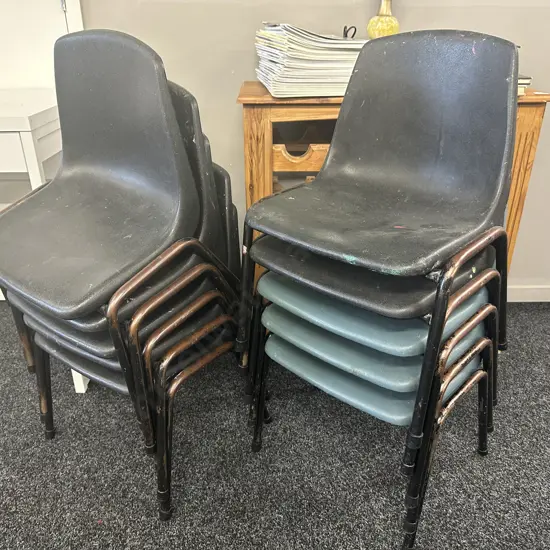 Lot of 8 Vintage Childrens Stacking Chairs, Assorted Blue & Black, Plastic With Steel