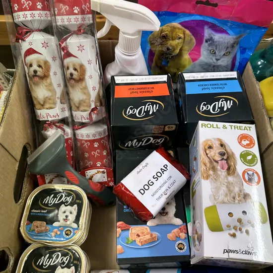 Box Lot Dog Food, Crackers Etc