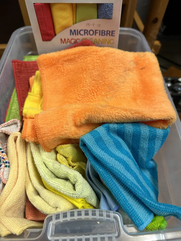 Clear Bin of Micro Fibre Cleaning Cloths Etc Image 1++