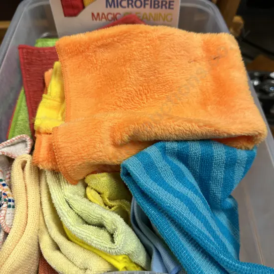 Clear Bin of Micro Fibre Cleaning Cloths Etc
