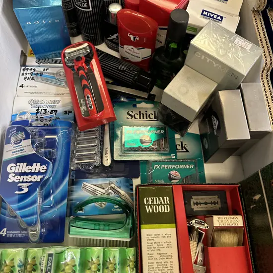 Box lot Aftershaves, Razors Etc
