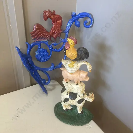 Cast Animal Door Stop & Ornate Rooster Wall Hanger