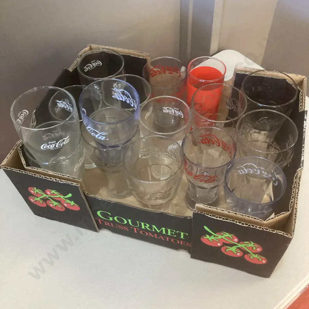 Box Lot Assorted Coca-Cola Glasses & Plastic Cups Image 1++