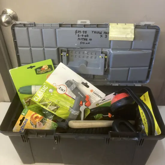 Plastic Toolbox, Watering Items, Tools (Damaged Top)