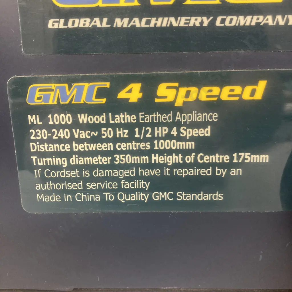 GMC 4 Speed Wood Lathe. Model ML1000, 1/2Hp, 4Spd, With Extension, L142cm Image 1++