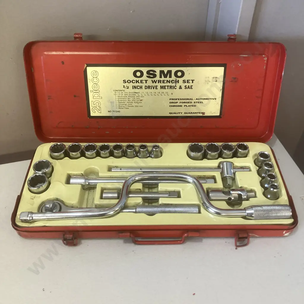 Vintage OSMO 25Pce Socket Set Wrench Set. 1/2" Drive Metric & SAE In Red Steel Case Image 1++