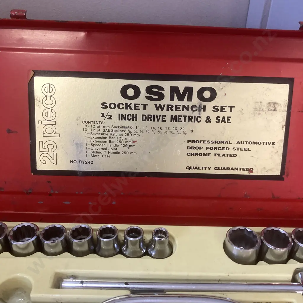 Vintage OSMO 25Pce Socket Set Wrench Set. 1/2" Drive Metric & SAE In Red Steel Case Image 1++