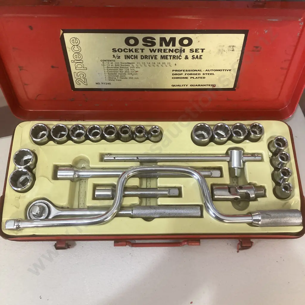 Vintage OSMO 25Pce Socket Set Wrench Set. 1/2" Drive Metric & SAE In Red Steel Case Image 1++