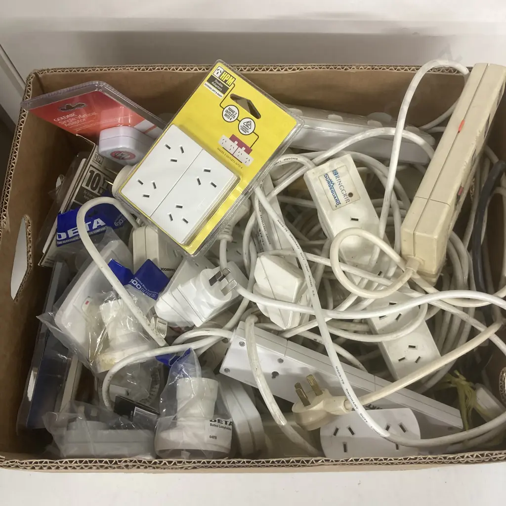 Box Lot Electrical Leads, Plugs, Fittings Etc Image 1++