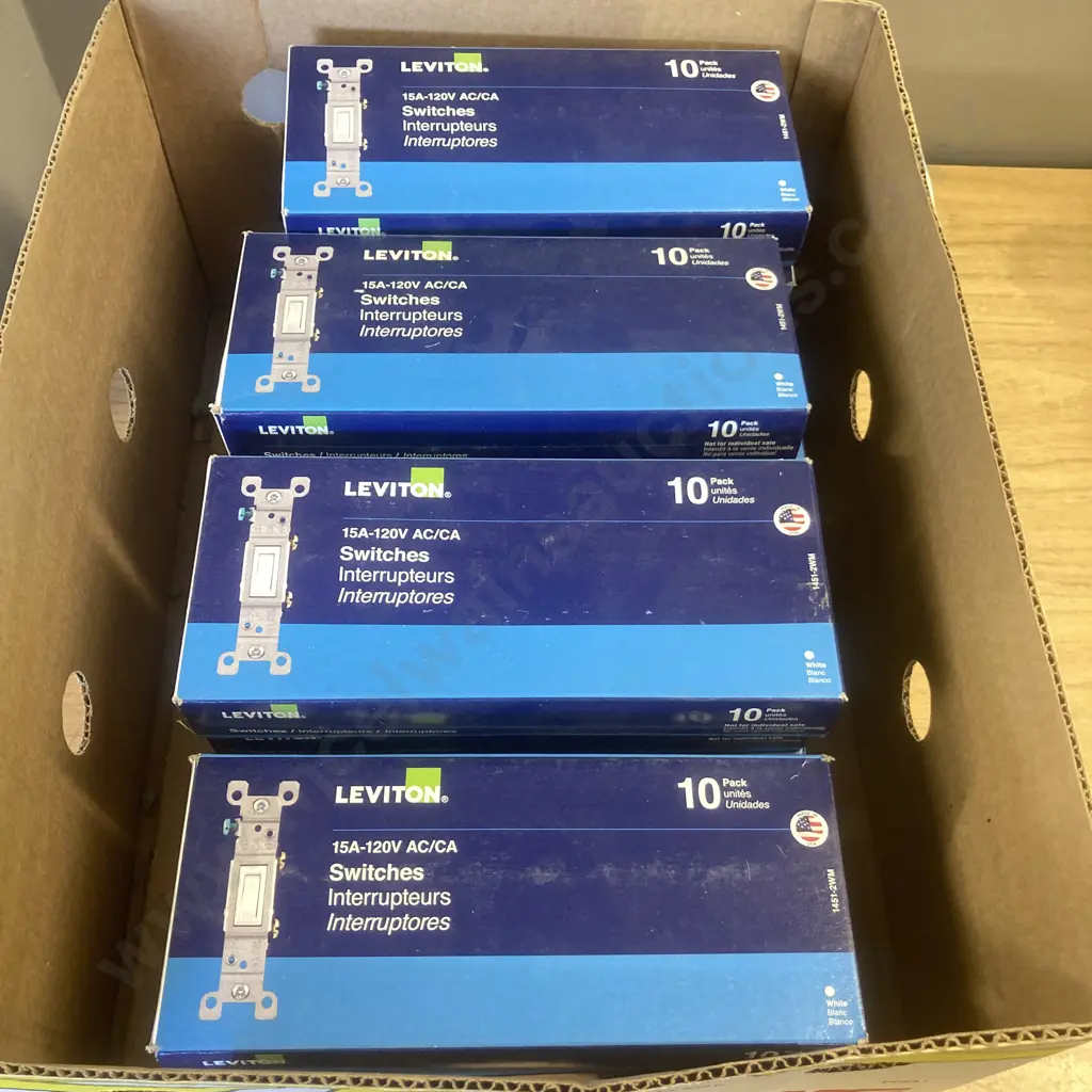 Box lot Leviton 15 A-120V AC/CA Toggle Switches, White Made In USA, 19 Boxes of 10 Image 1++