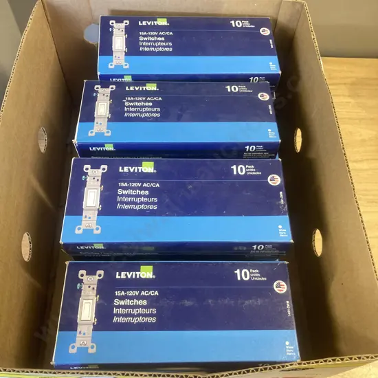 Box lot Leviton 15 A-120V AC/CA Toggle Switches, White Made In USA, 19 Boxes of 10