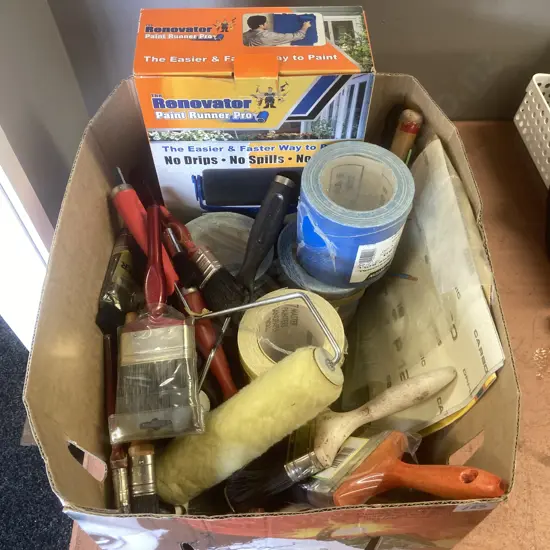 Box lot Painting - Renovator, Brushes, Sand Paper Etc