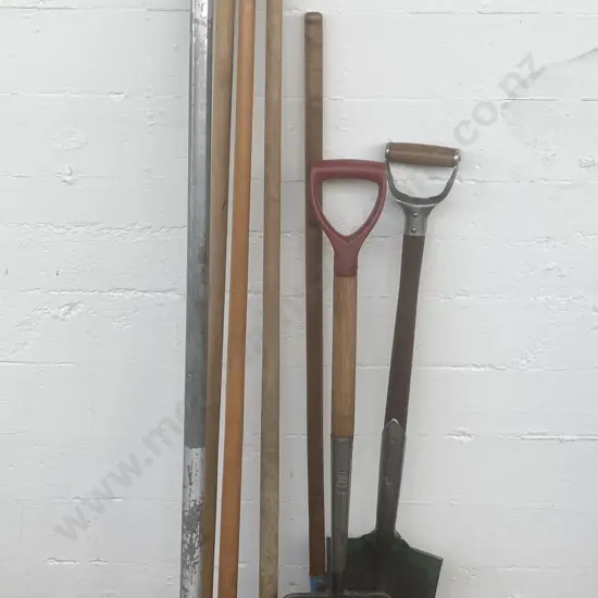 Assorted Garden Tools With Wooden Handles & a Steel Rammer