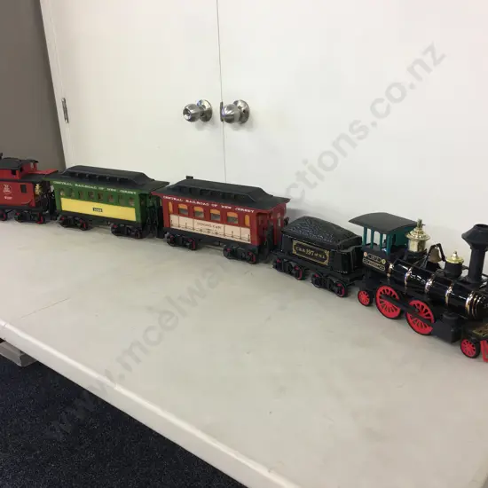 Jim Beam Whiskey Decanter Train Set of 5 -1872 Grant Locomotive, CRNJ Coal Tender, Dining Car, Passenger Car & Caboose