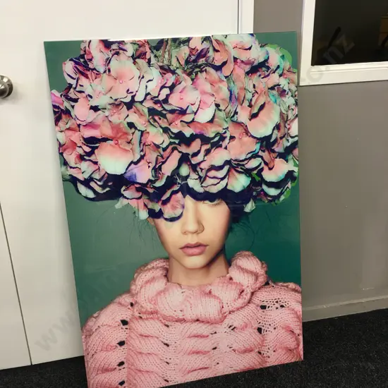 Wall Art On Coloured Tempered Glass Girl With Flowers On Head H120cm, W80cm.