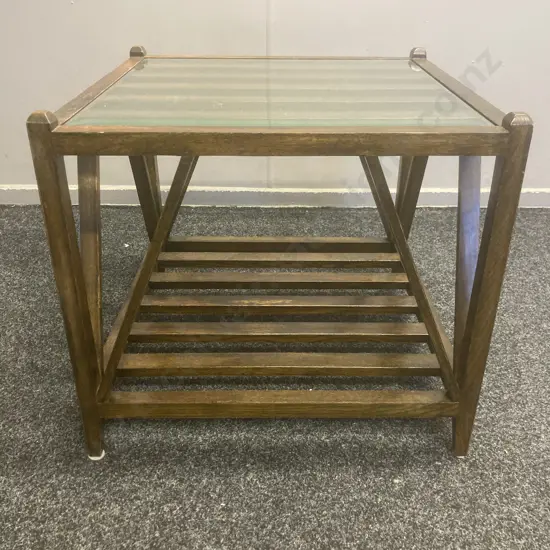 Vintage Oak Side Table With Bevelled Glass Top, 54 x 60cm