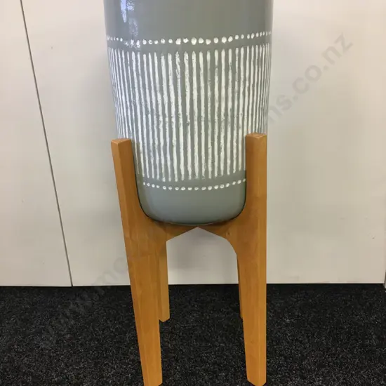 Spearmint & White Ribbed Planter In Light Oak Colour 4 Legged Stand, H73cm