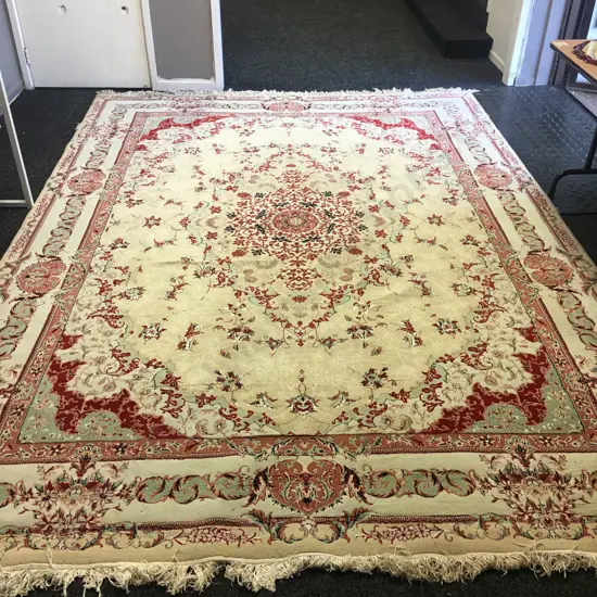 Large Turkish Floor Rug, Cream / Red / Black / Teal Tones With White Tassels, 2.47 x 3.42m