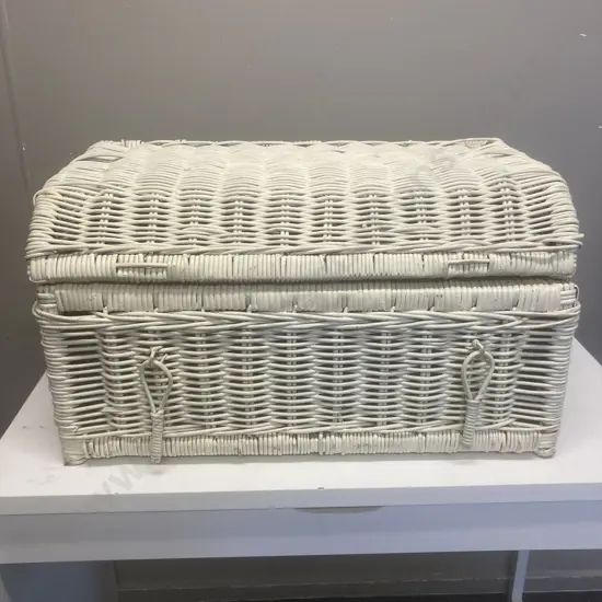 Vintage White Painted Wicker Hamper, Curved Lid At Front, H39 W70 D38cm