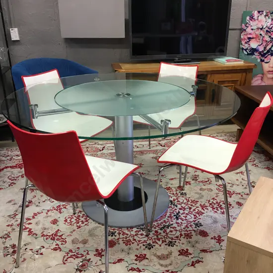 Modern Round Glass Top Table With Lazy Susan Frosted Centre, 4 Red & White Geodesic Back Chairs Ex Freedom Furniture