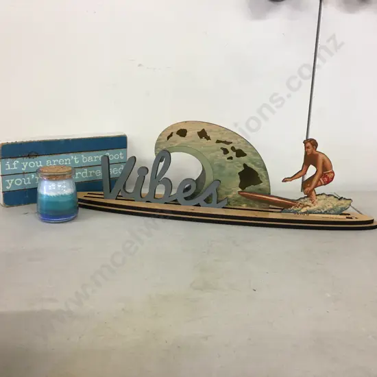 Surfing Vibes Plaque, Decorative Sand In Glass Cannster Etc