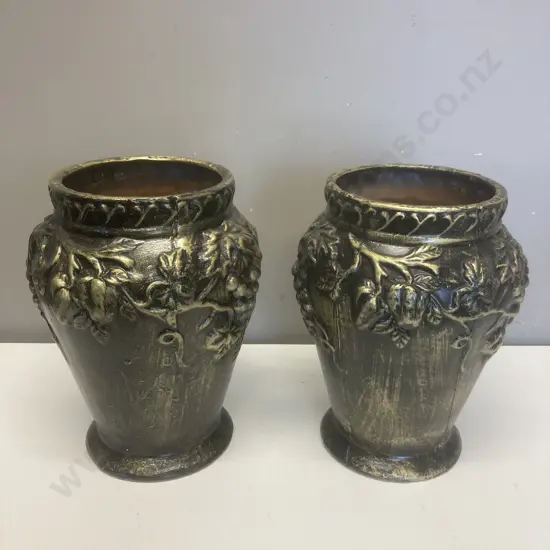 Pair of Terracotta Planters With Raised Grape & Vine Detail, H29cm