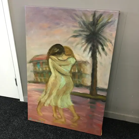 Picture On Canvas By Raglan Artist Ken Thomas 'Dancing Outside Raglan Hotel' H89, W60.