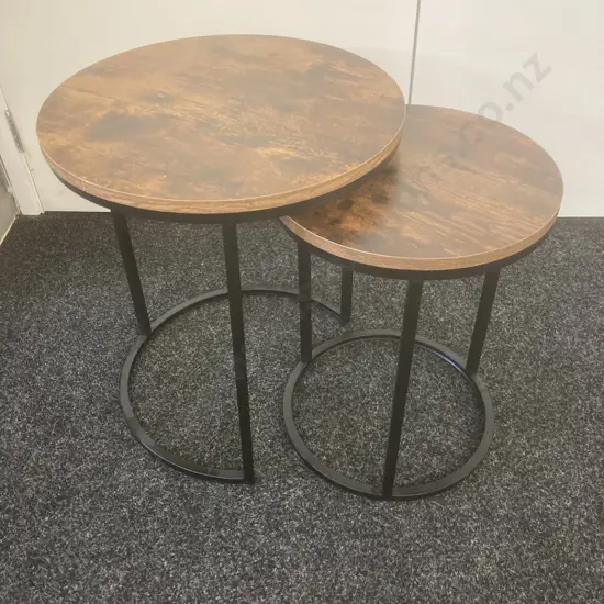 Pair of Round Nesting Side Tables, Black With Wood Look Tops, 51 x 45cm