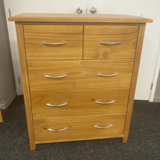 Solid Wood 5 Drawer Tallboy, Curved Polished Steel Handles, Bevelled Top, Tongue & Groove Sides, H104 W89 D42.5cm