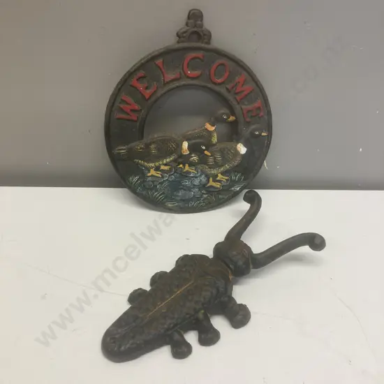 Cast Iron Boot Beetle & Welcome Plaque With Ducks Dia22cm