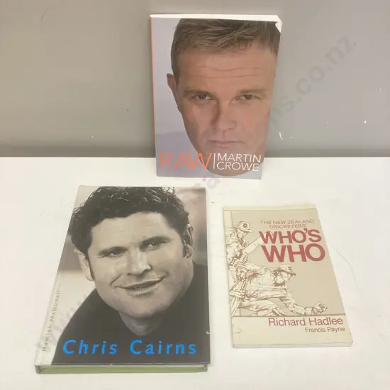 Signed Cricket Books - Martin Crowe Raw First Edition 2013, Chris Cairns & NZ Cricketers Whos Who by Richard Hadlee