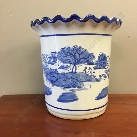 Blue & White Planter Pot With Scalloped Detail H23cm
