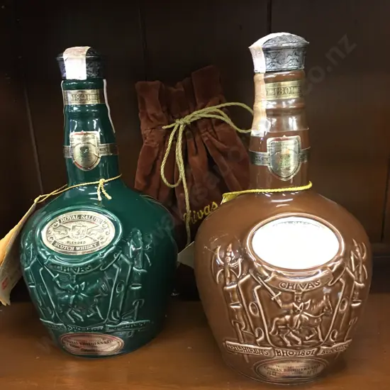 Royal Salute Scotch Whiskey Teal Decanter With Tag. Brown Decanter With Tag & Opera Bag, Spode for Chivas Brothers