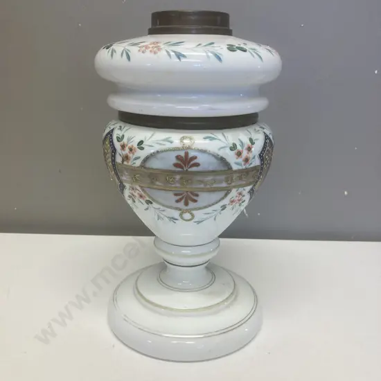 Antique Hand Painted Ceramic & Brass Oil Lamp Base With Detachable Glass Reservoir, H26cm