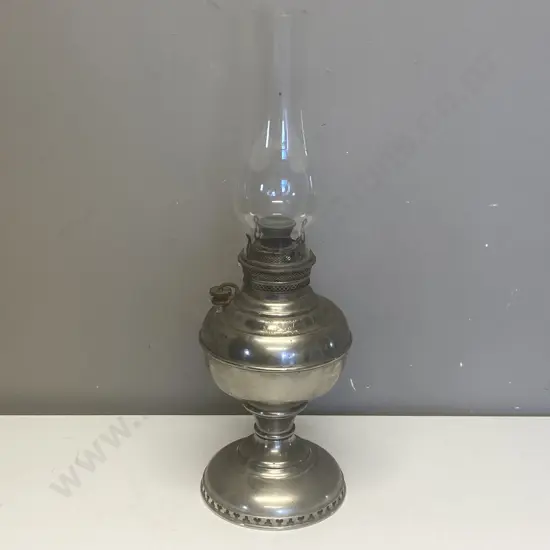 Antique "The Miller Lamp" Nickel Plated Oil Lamp With Glass Chimney, Made In The USA, circa 1892, H51cm