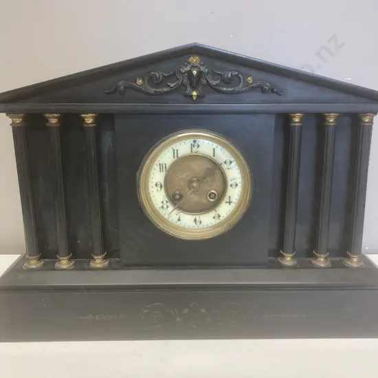 Antique French Medaille de Bronze Black Marble Mantle Clock With Corinthian Columns. With Pendulum & Key, H30 W43 D16cm